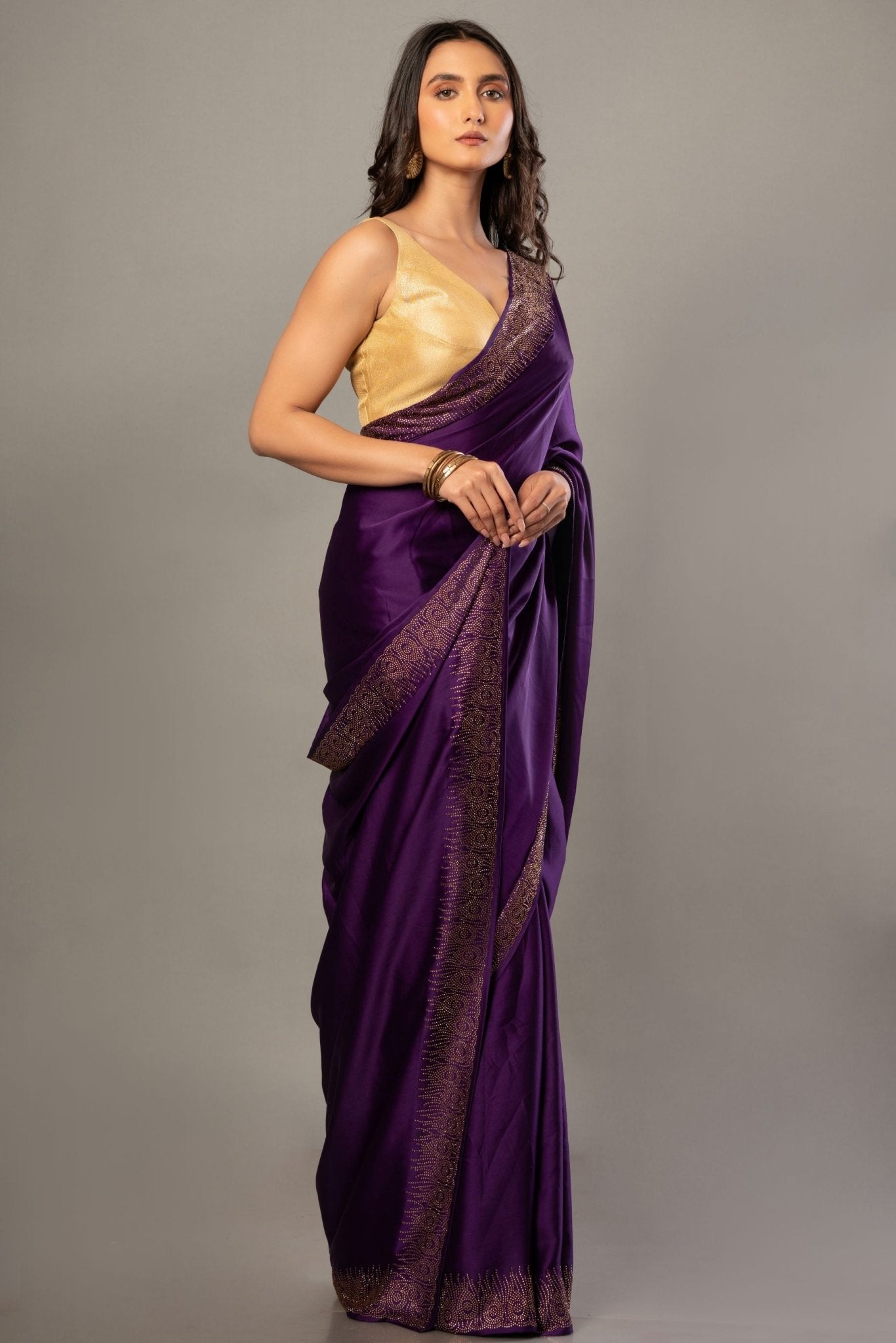Purple Satin Silk Saree With Sequin Border - Anvi Couture