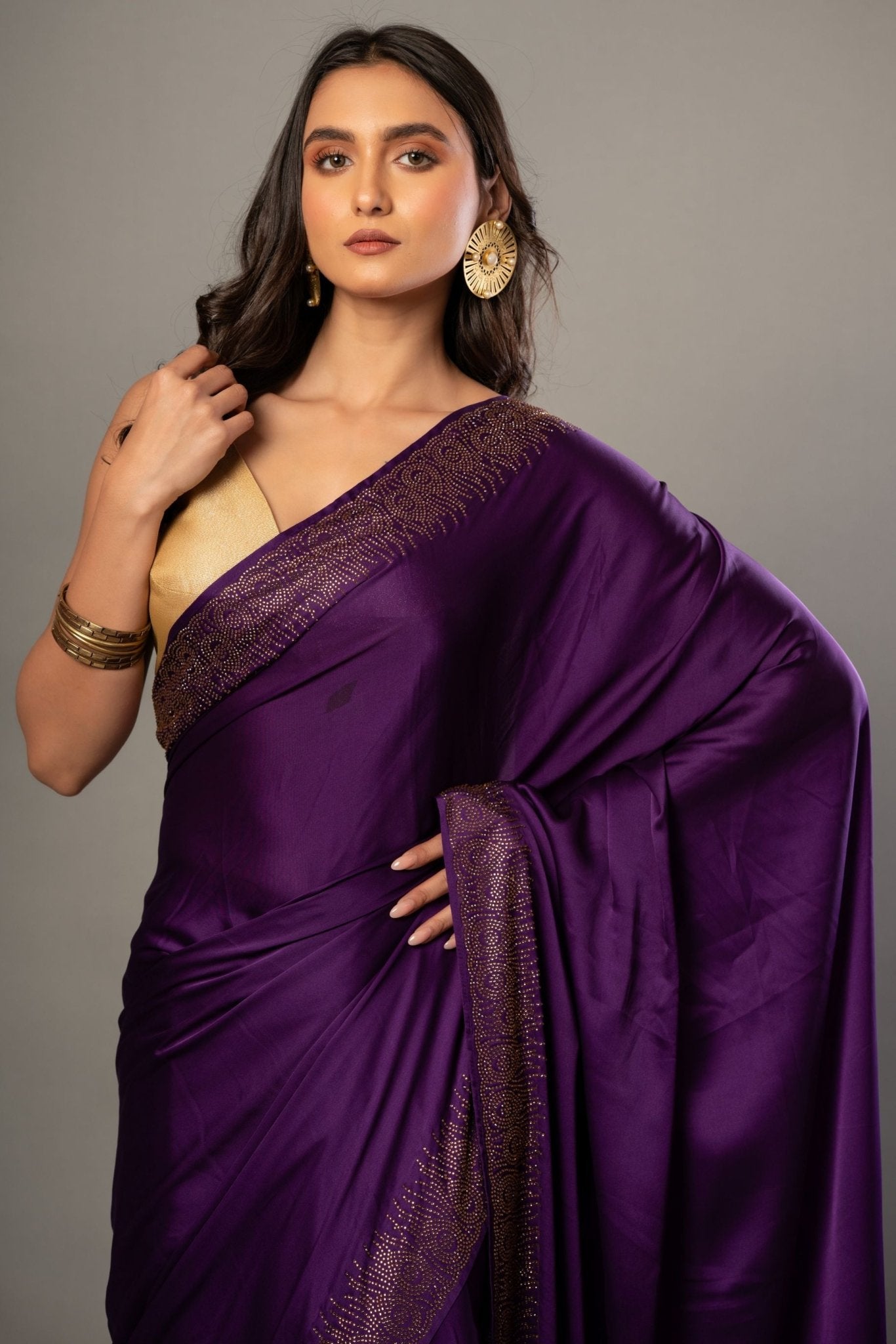 Purple Satin Silk Saree With Sequin Border - Anvi Couture