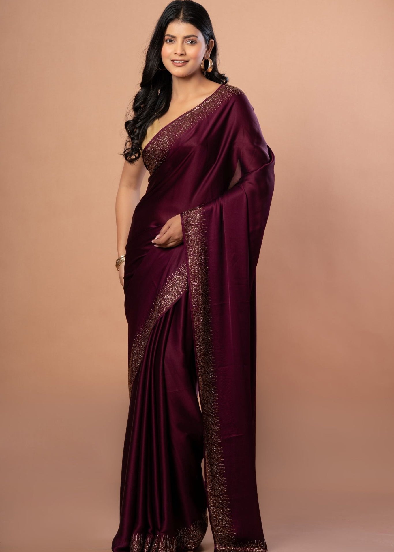Purple Satin Silk Saree with Sequins Border - Anvi Couture