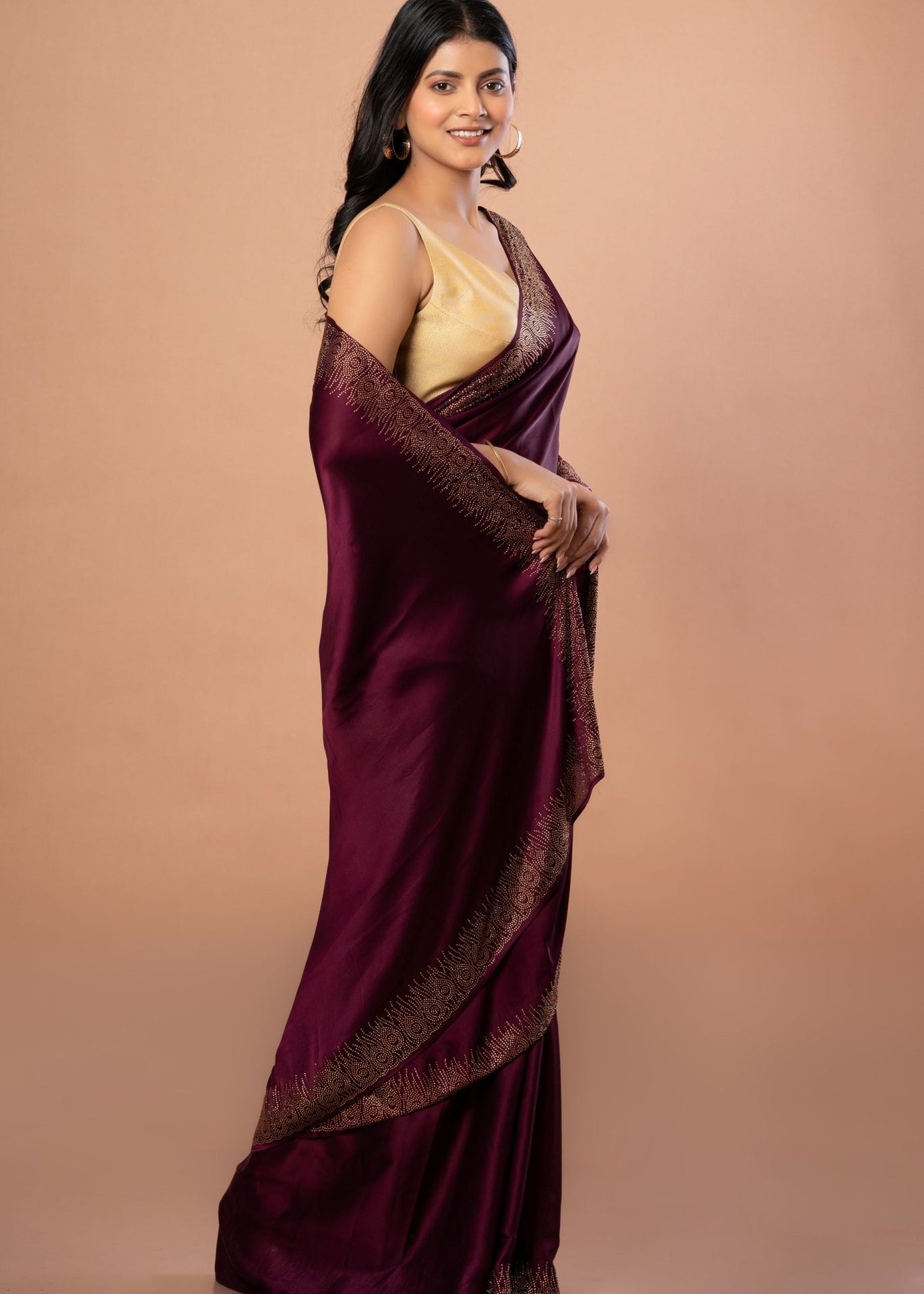 Purple Satin Silk Saree with Sequins Border - Anvi Couture