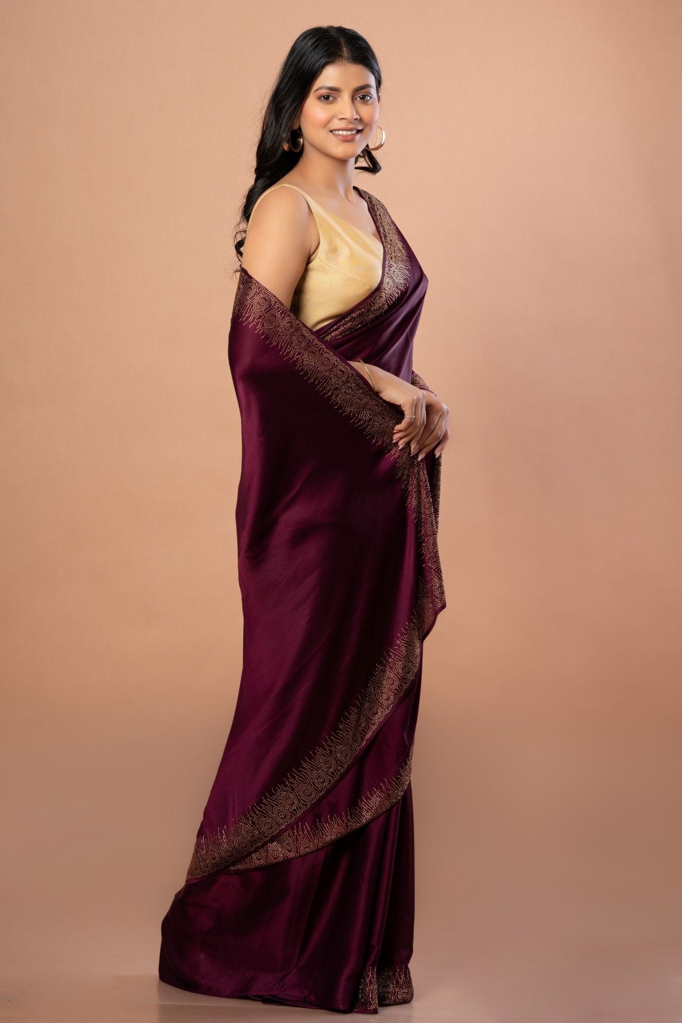 Purple Satin Silk Saree with Sequins Border - Anvi Couture