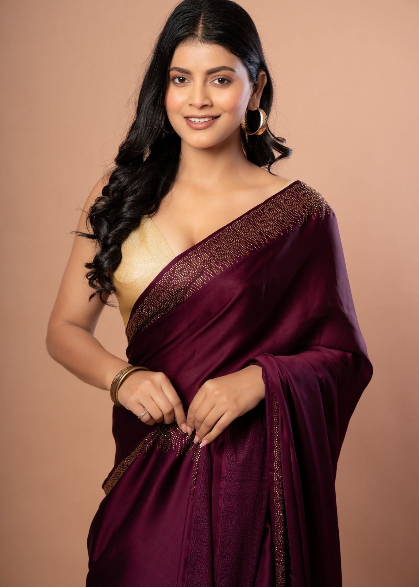 Purple Satin Silk Saree with Sequins Border - Anvi Couture