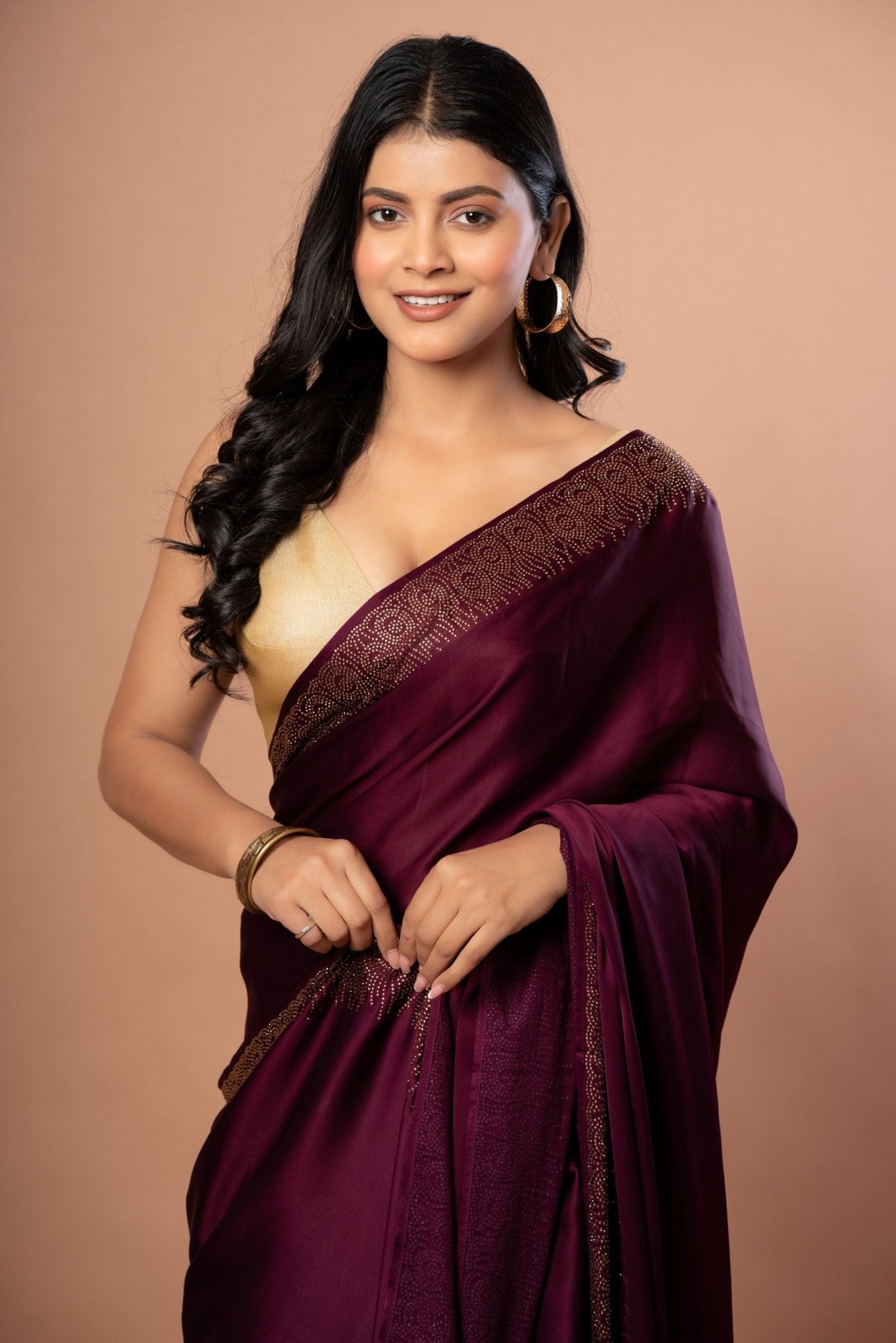 Purple Satin Silk Saree with Sequins Border - Anvi Couture
