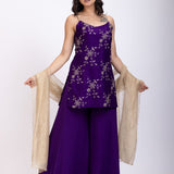 Purple Shahara Suit Set With Golden Dupatta Full