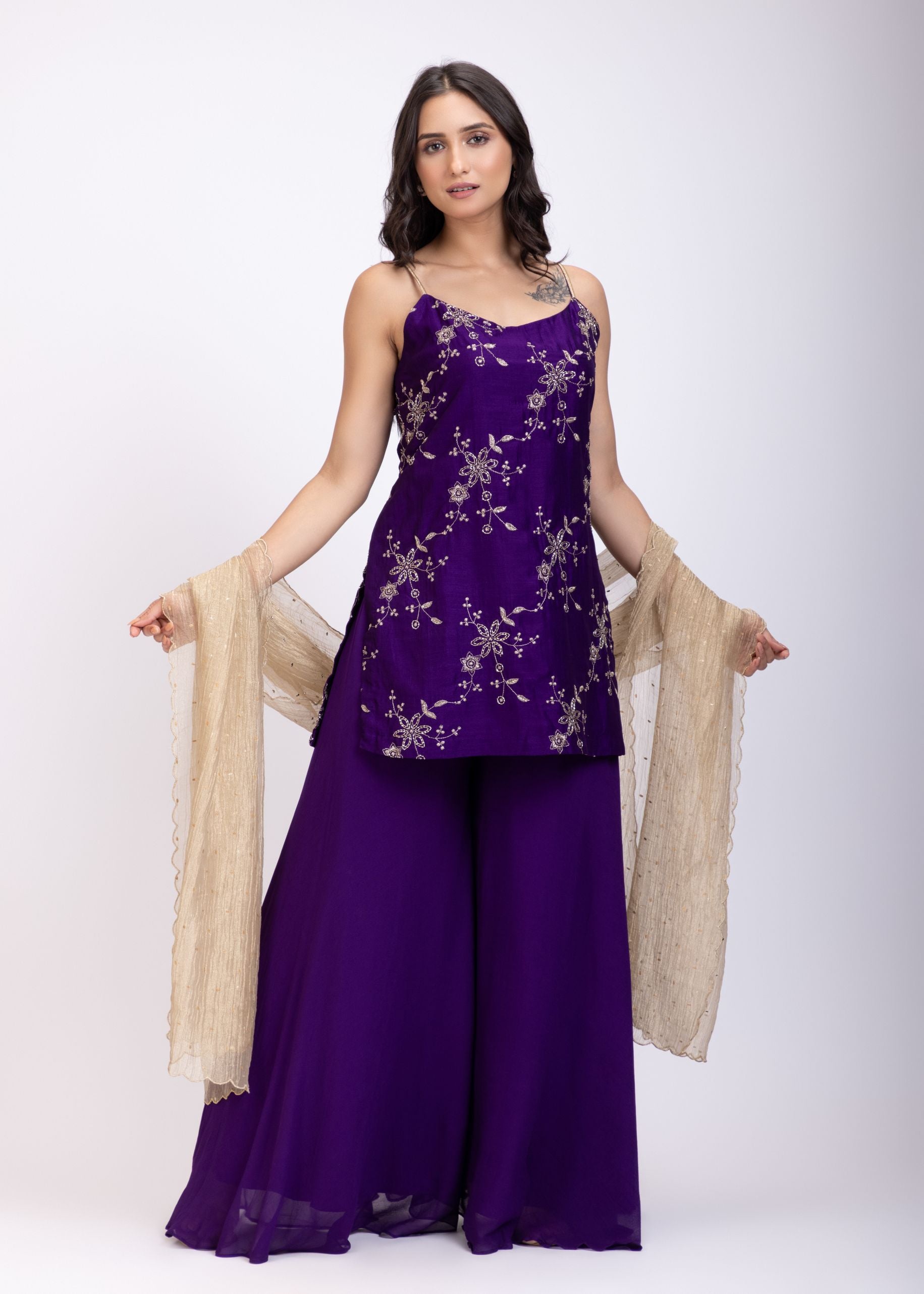 Purple Shahara Suit Set With Golden Dupatta Full