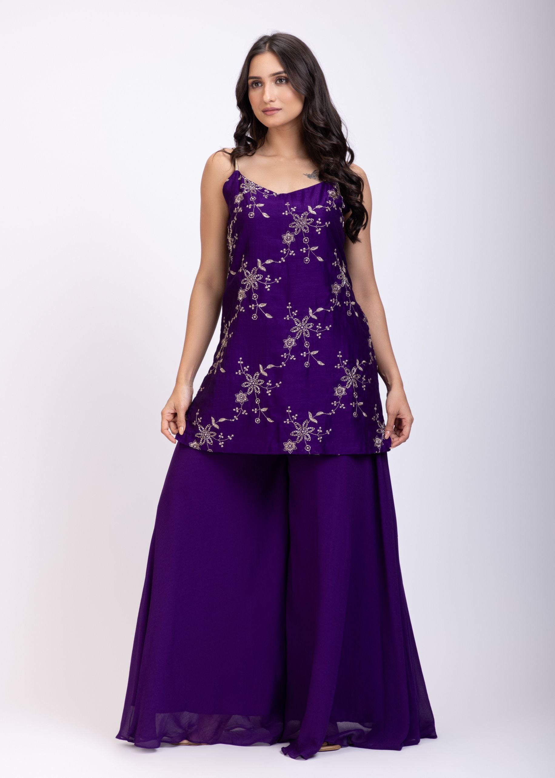 Purple Shahara Suit Set With Golden Dupatta Front