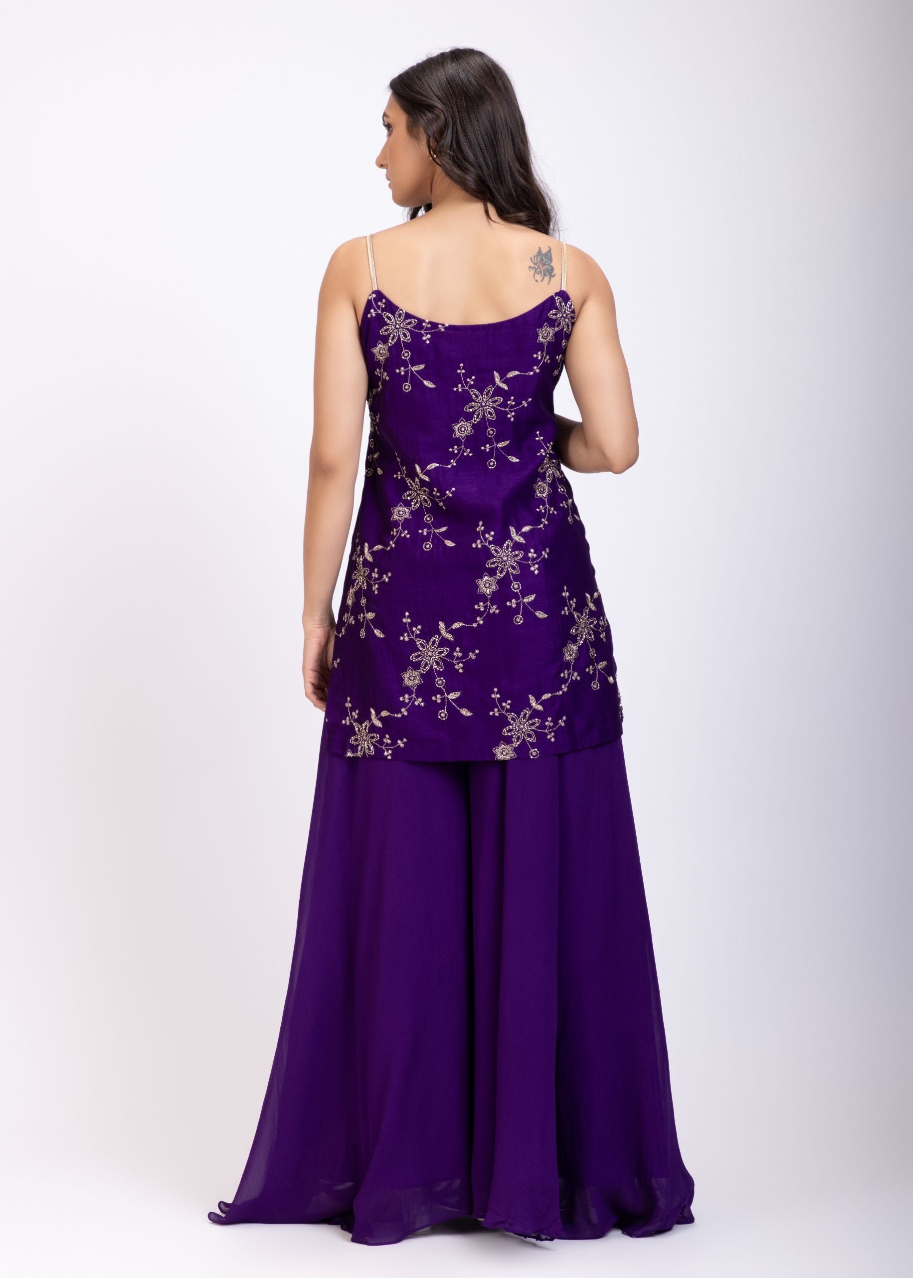 Purple Shahara Suit Set With Golden Dupatta Back