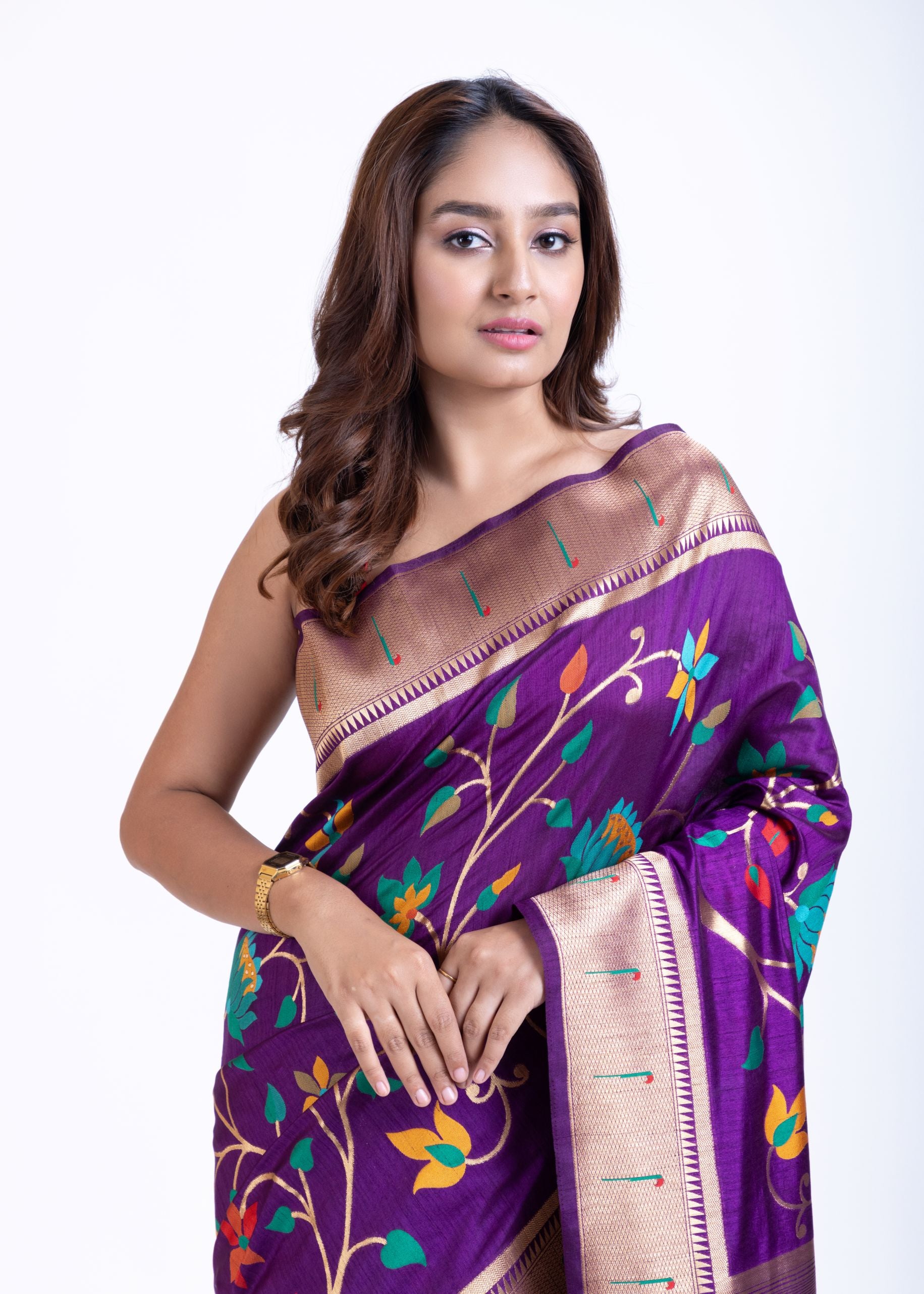 Purple Silk Paithani Saree With Booti And Zari Work Close Up
