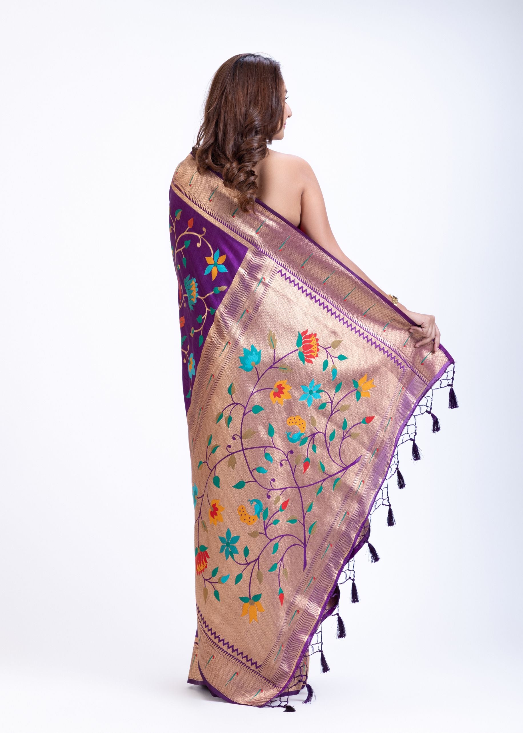 Purple Silk Paithani Saree With Booti And Zari Work Back
