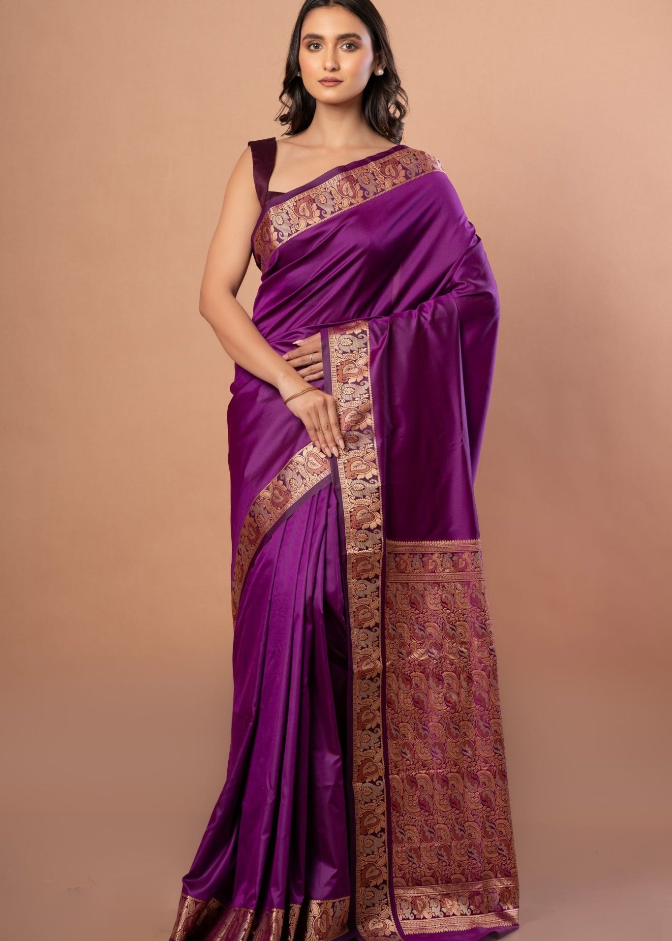 Purple Silk Saree with Golden Weaving Border and Pallu - Anvi Couture