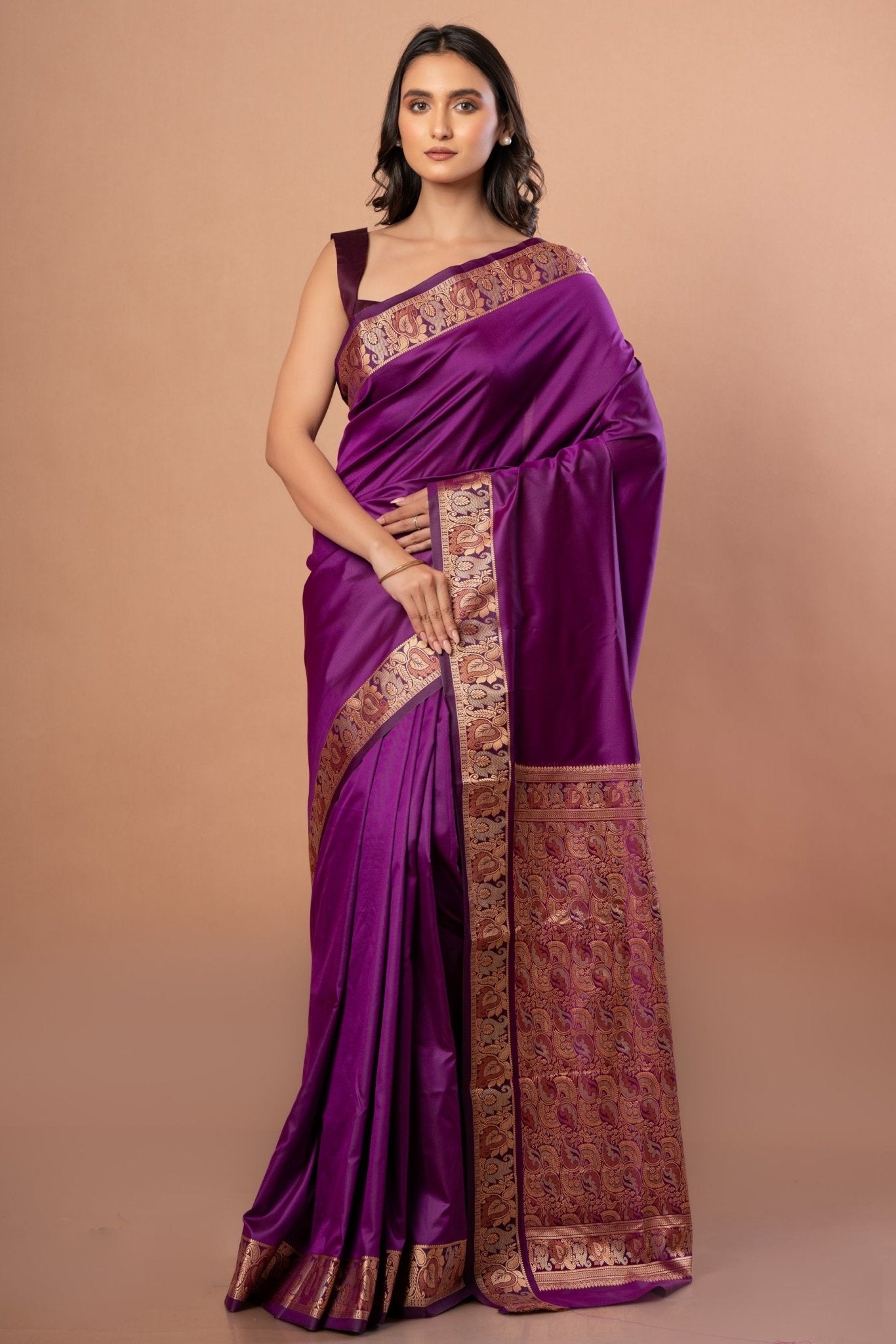 Purple Silk Saree with Golden Weaving Border and Pallu - Anvi Couture