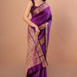 Purple Silk Saree with Golden Weaving Border and Pallu - Anvi Couture