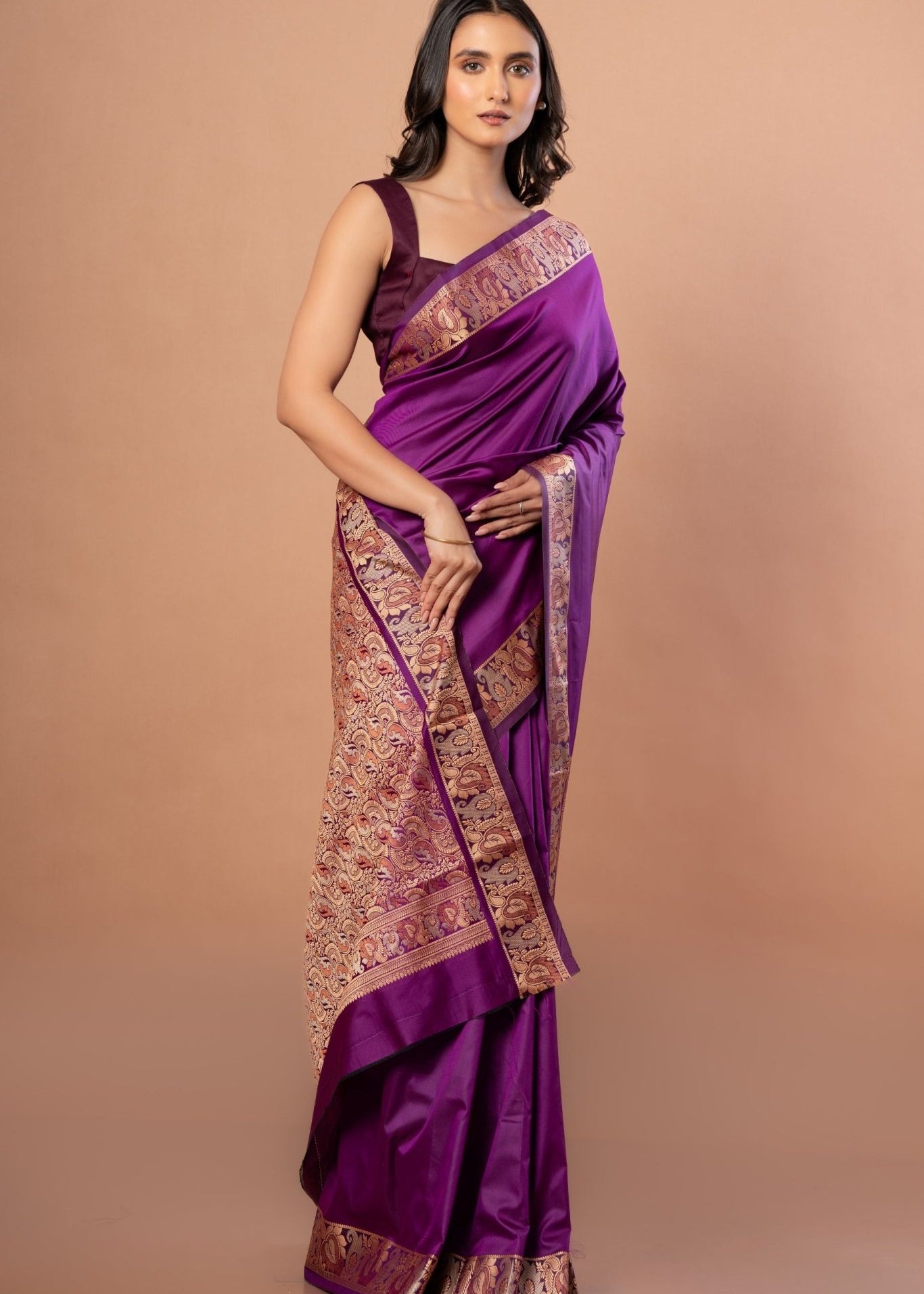 Purple Silk Saree with Golden Weaving Border and Pallu - Anvi Couture
