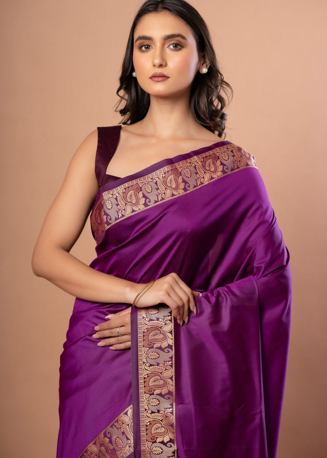 Purple Silk Saree with Golden Weaving Border and Pallu - Anvi Couture