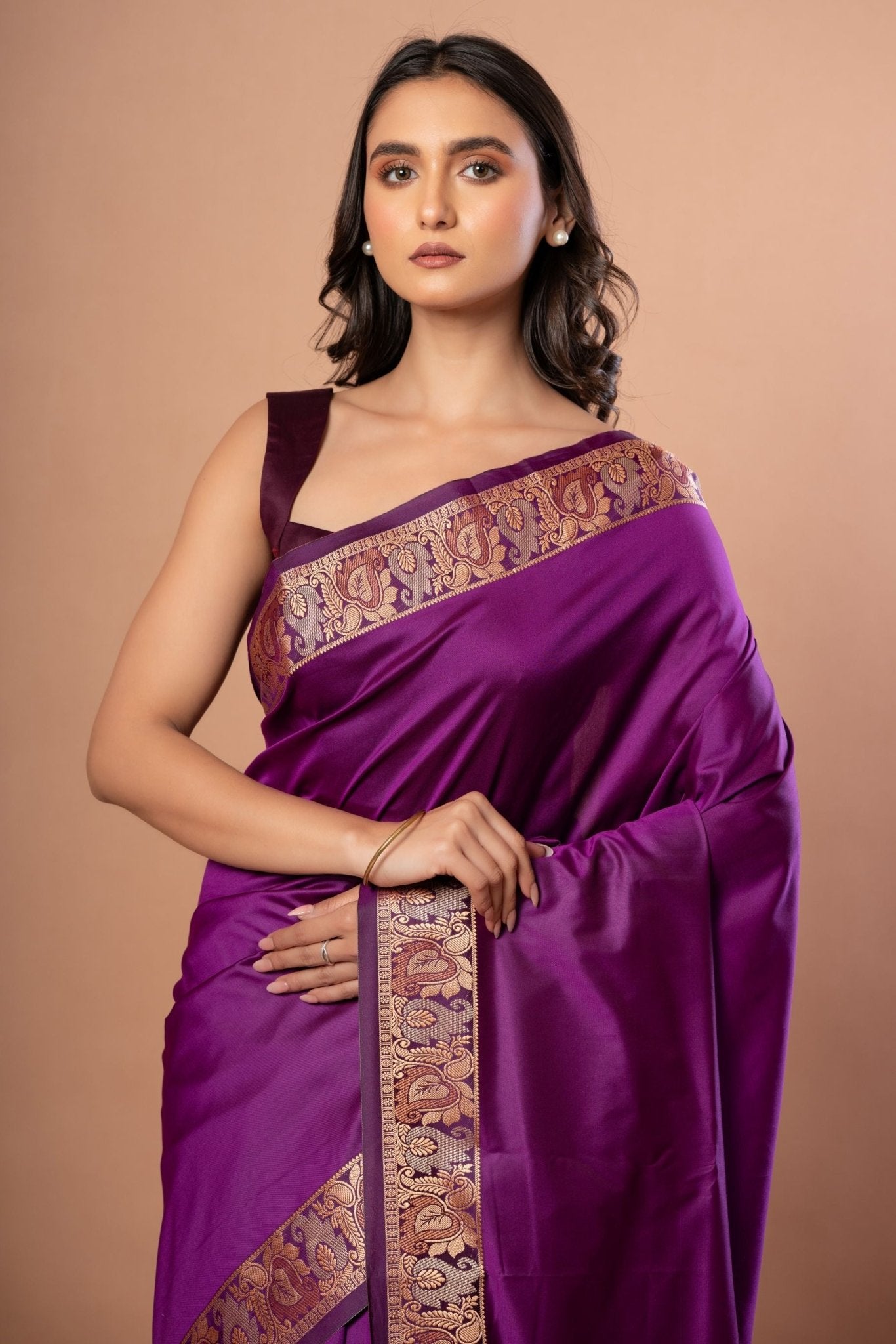 Purple Silk Saree with Golden Weaving Border and Pallu - Anvi Couture