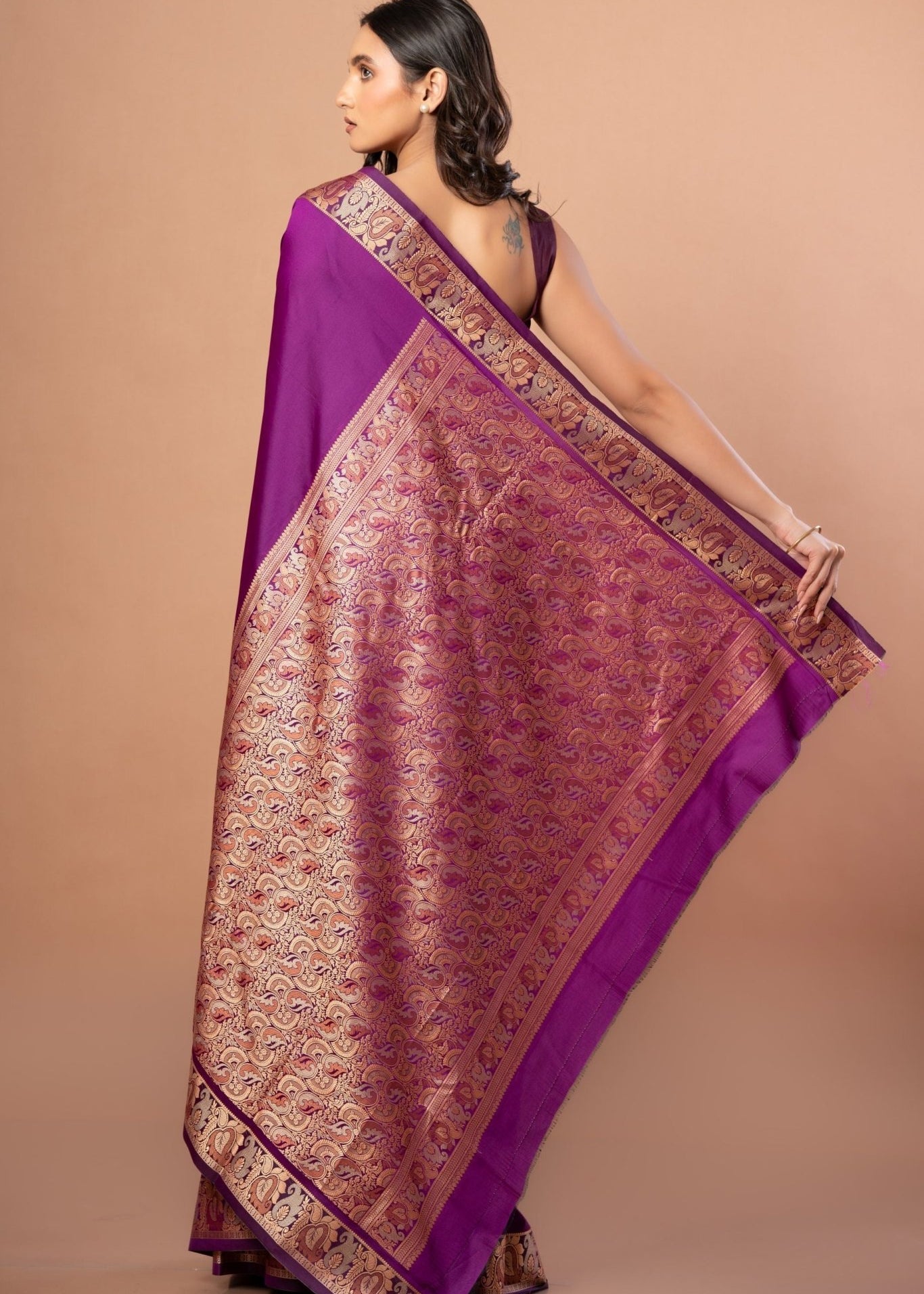 Purple Silk Saree with Golden Weaving Border and Pallu - Anvi Couture