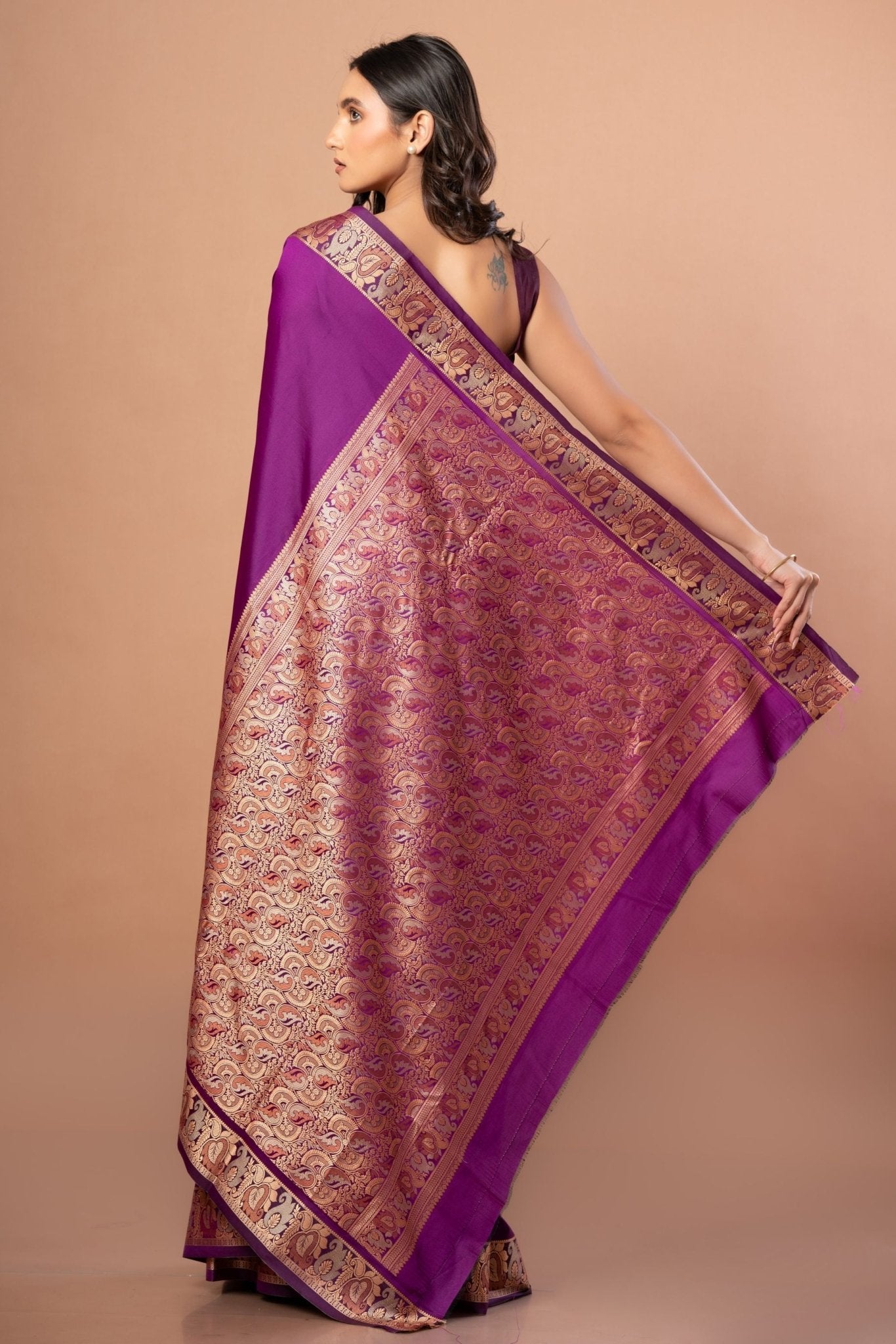 Purple Silk Saree with Golden Weaving Border and Pallu - Anvi Couture
