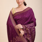 Purple Soft Silk Saree Floral Woven Motifs Close Up
