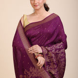 Purple Soft Silk Saree Floral Woven Motifs Close Up
