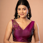 Purple V Neck Blouse With Hand Embroidered Aari Work - Anvi Couture - front 1