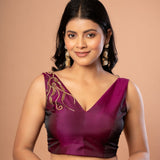 Purple V Neck Blouse With Hand Embroidered Aari Work - Anvi Couture - front 1
