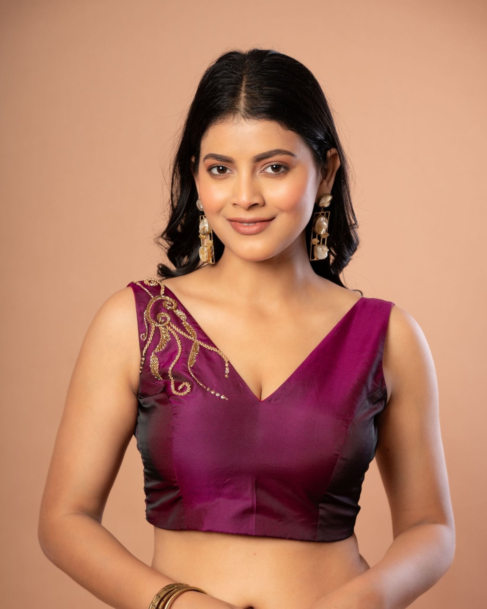 Purple V Neck Blouse With Hand Embroidered Aari Work - Anvi Couture - front 1