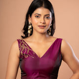 Purple V Neck Blouse With Hand Embroidered Aari Work - Anvi Couture - front 2