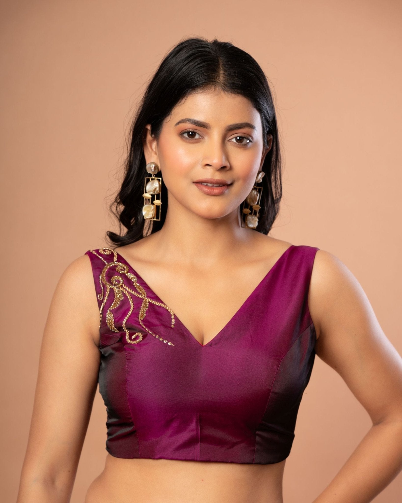 Purple V Neck Blouse With Hand Embroidered Aari Work - Anvi Couture