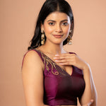 Purple V Neck Blouse With Hand Embroidered Aari Work - Anvi Couture - side