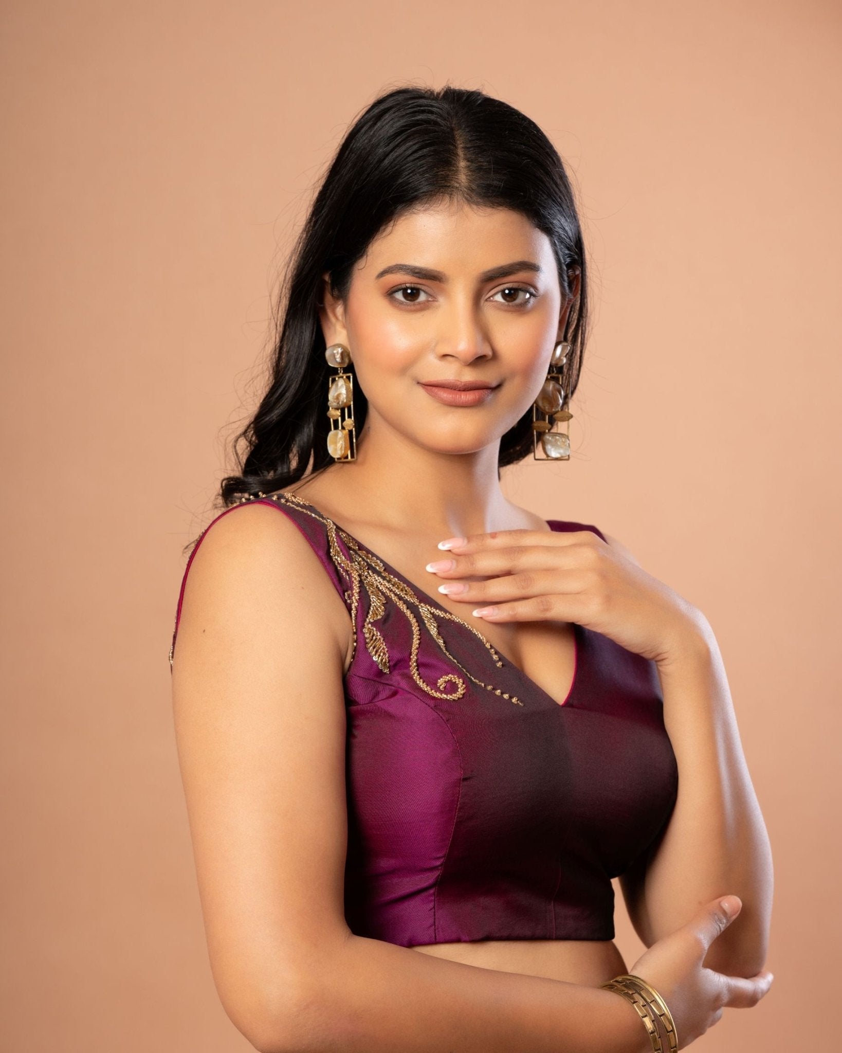Purple V Neck Blouse With Hand Embroidered Aari Work - Anvi Couture - side