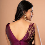 Purple V Neck Blouse With Hand Embroidered Aari Work - Anvi Couture - Back