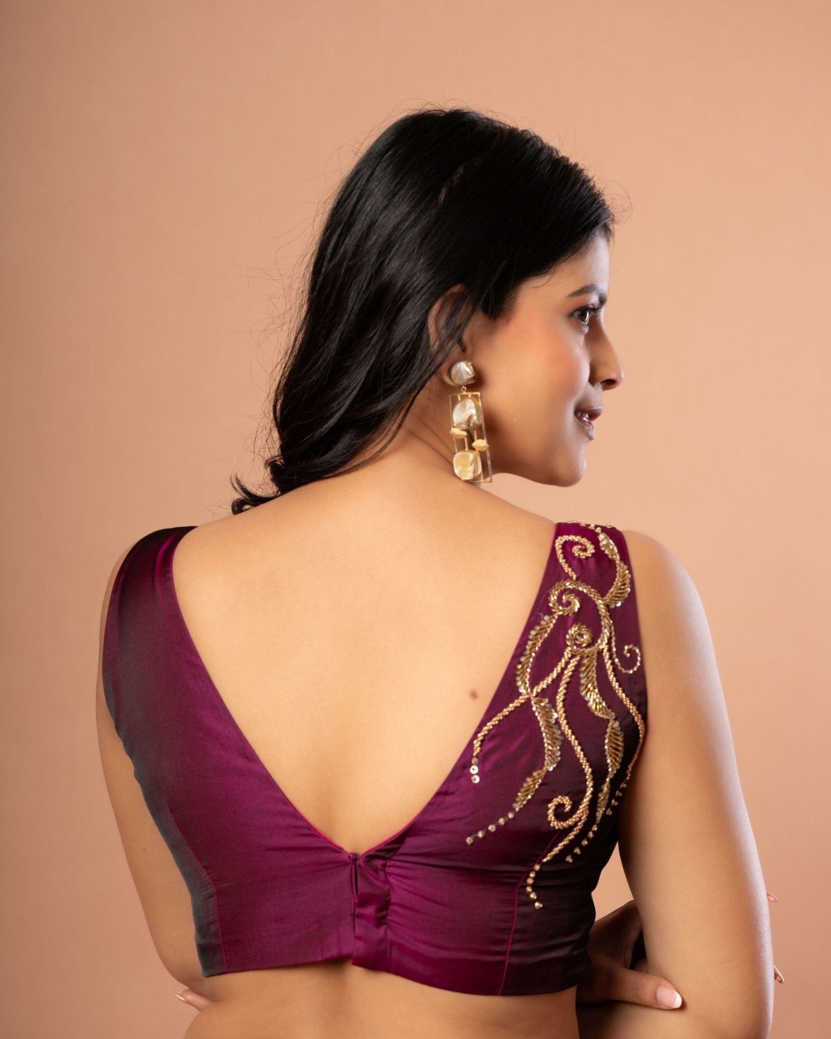 Purple V Neck Blouse With Hand Embroidered Aari Work - Anvi Couture - Back