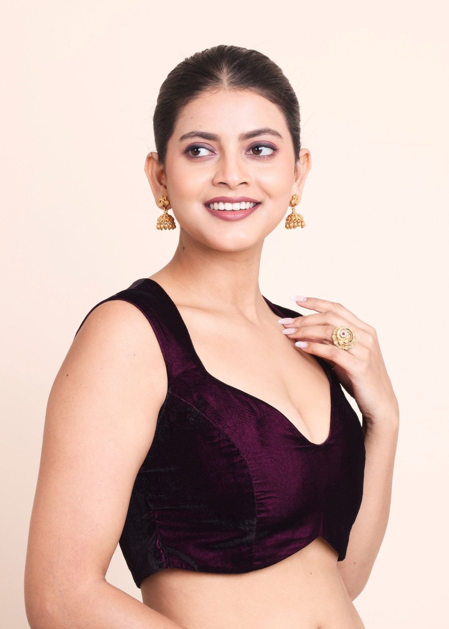 Purple Velvet Blouse with Queen Anne Neckline - Anvi Couture