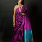 Purple and Azure Blue Pure Kanjivaram Silk Saree -Front
