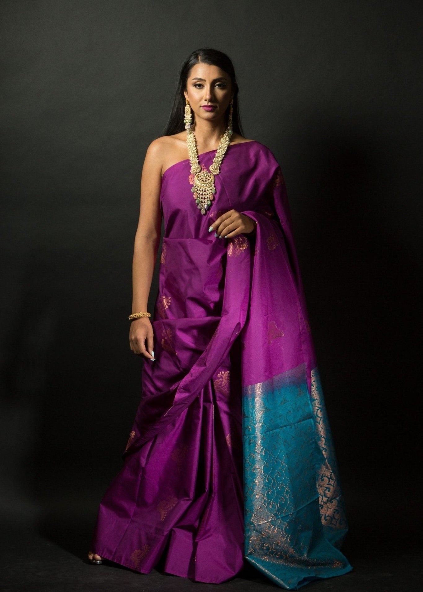 Purple and Azure Blue Pure Kanjivaram Silk Saree -Front
