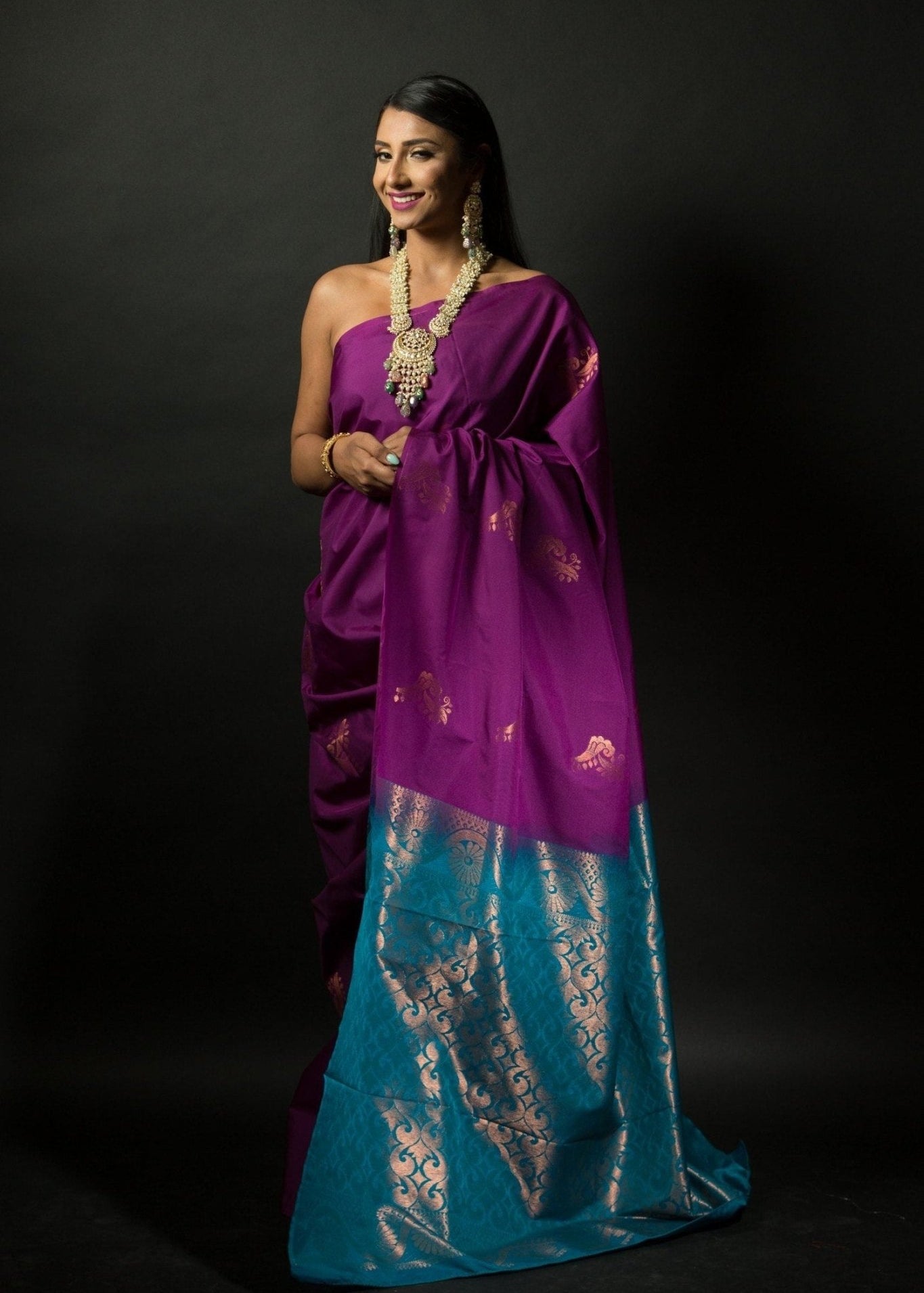 Purple and Azure Blue Pure Kanjivaram Silk Saree - Work
