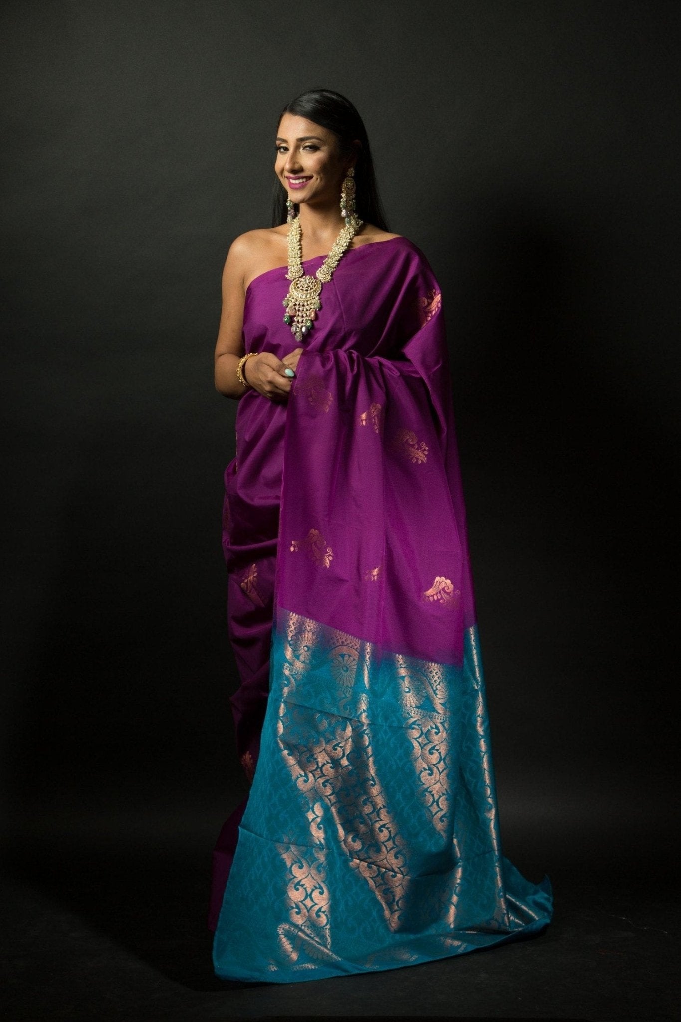 Purple and Azure Blue Pure Kanjivaram Silk Saree - Work
