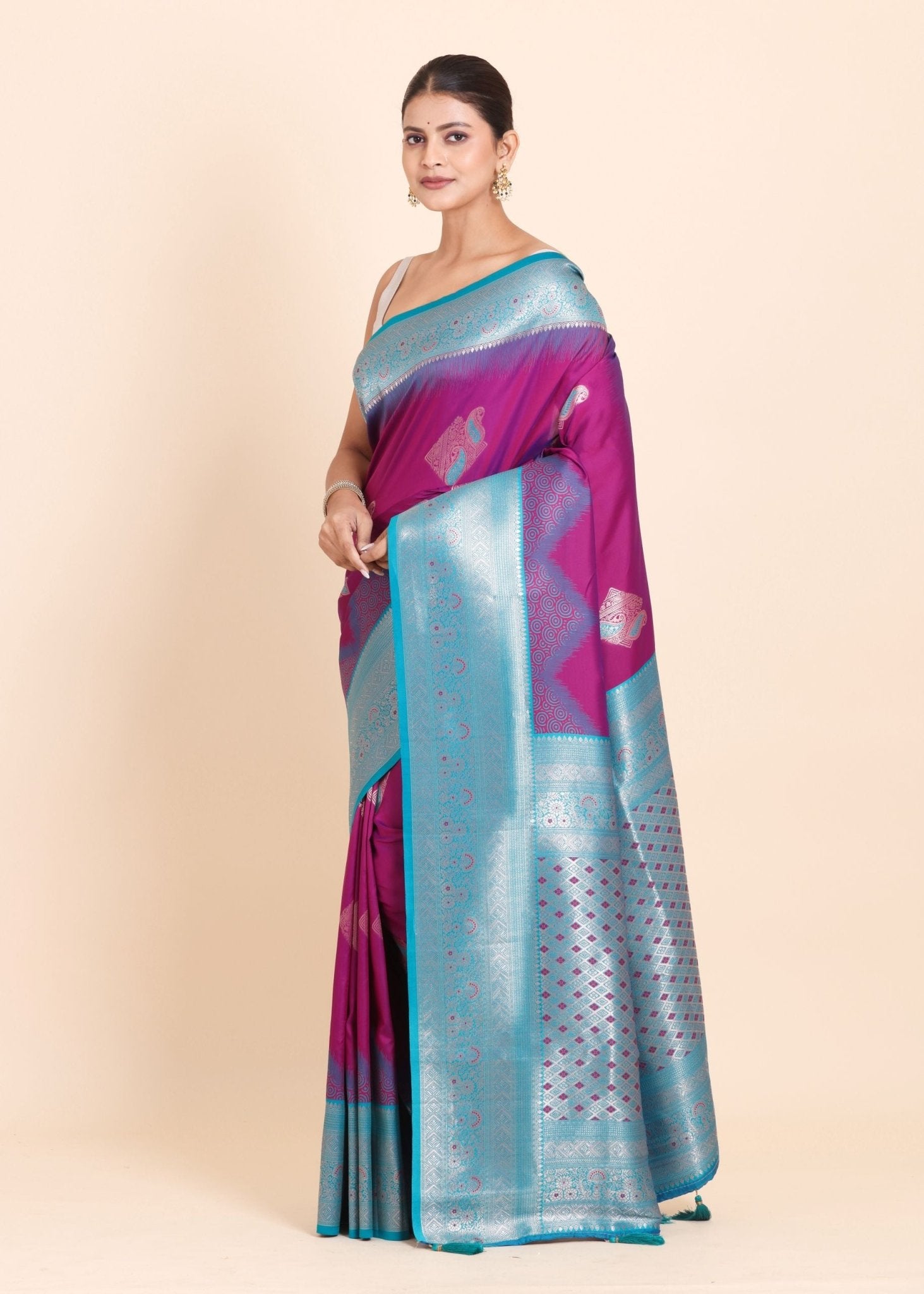 Purple and Blue Soft Silk South Indian Saree - Anvi Couture