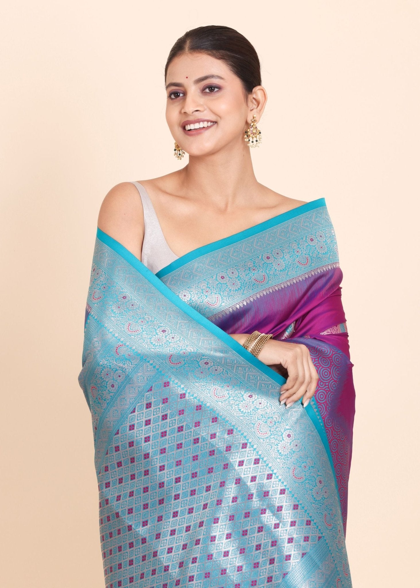 Purple and Blue Soft Silk South Indian Saree - Anvi Couture