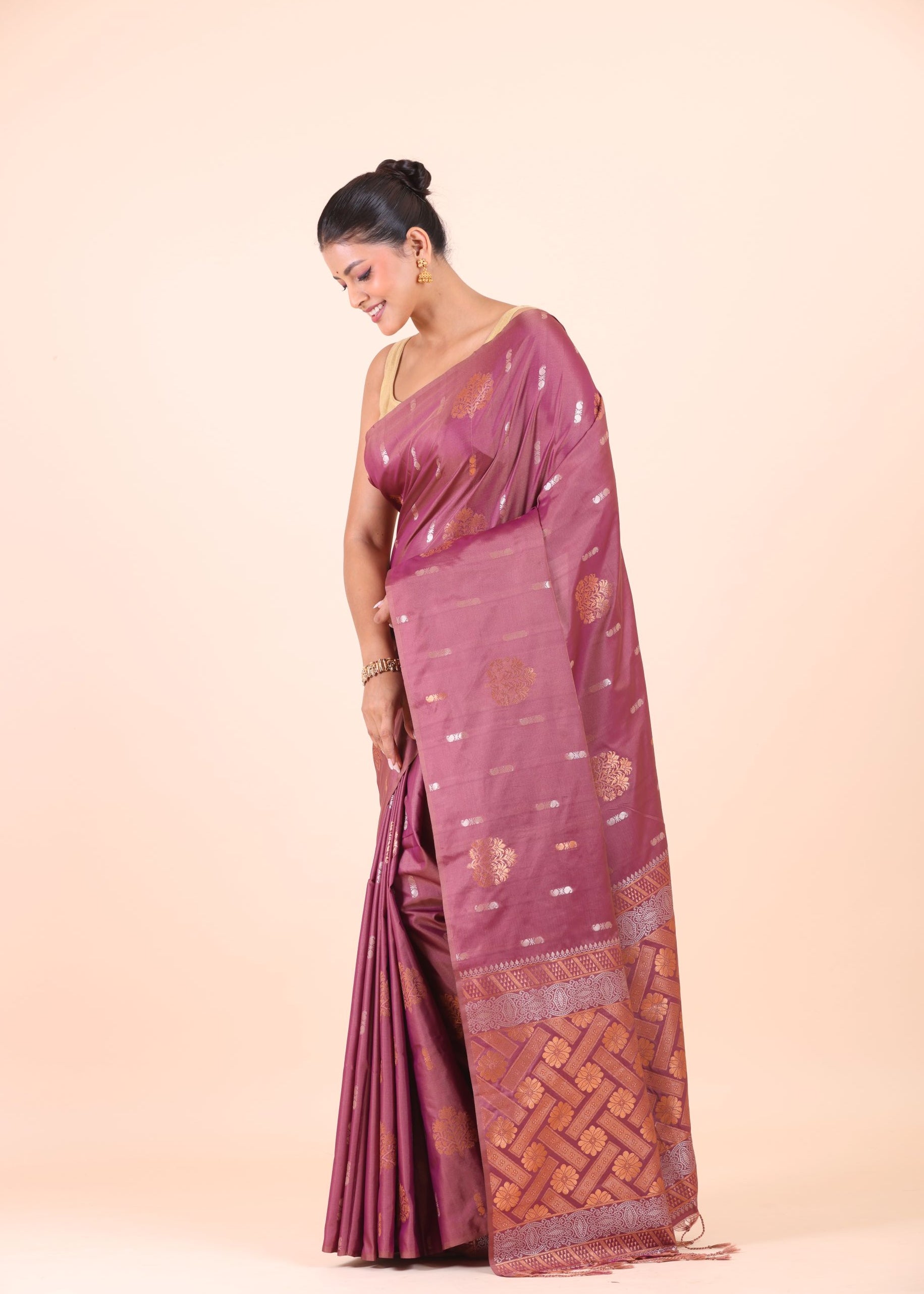 Purple and Copper South Indian Silk Saree Side View