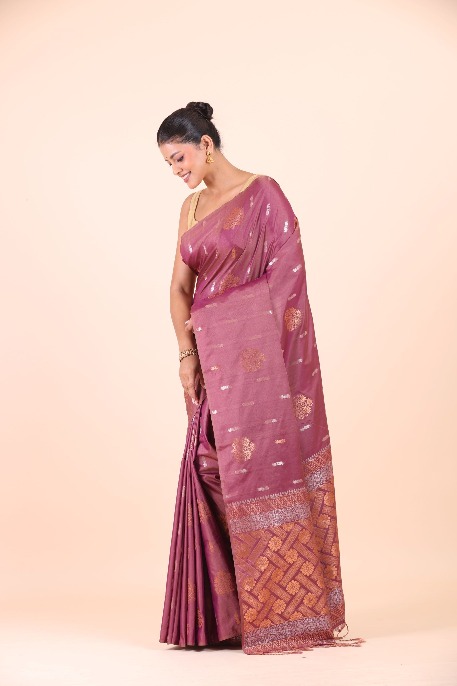 Purple and Copper South Indian Silk Saree Side View
