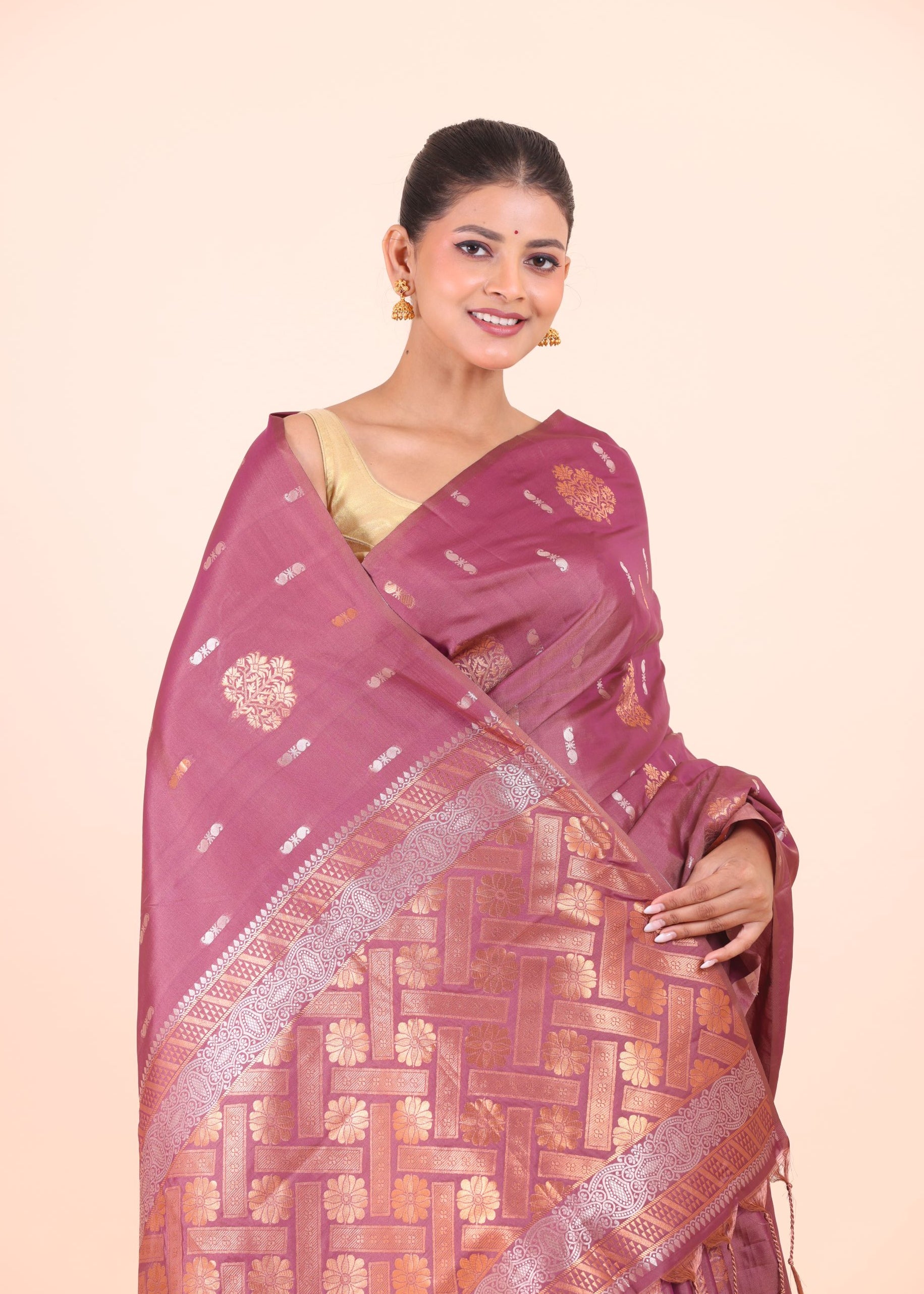 Purple and Copper South Indian Silk Saree Close Up