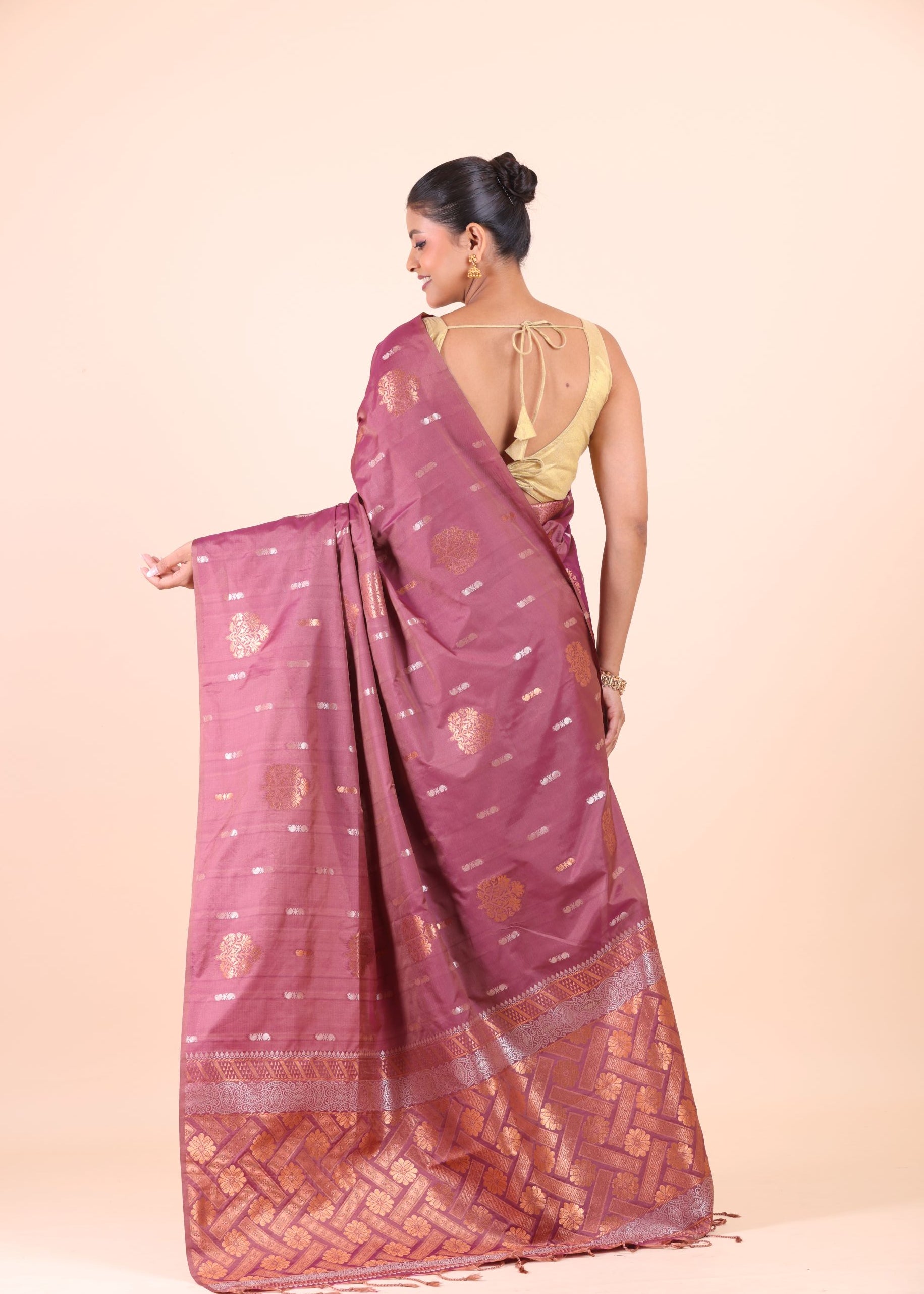 Purple and Copper South Indian Silk Saree Back View