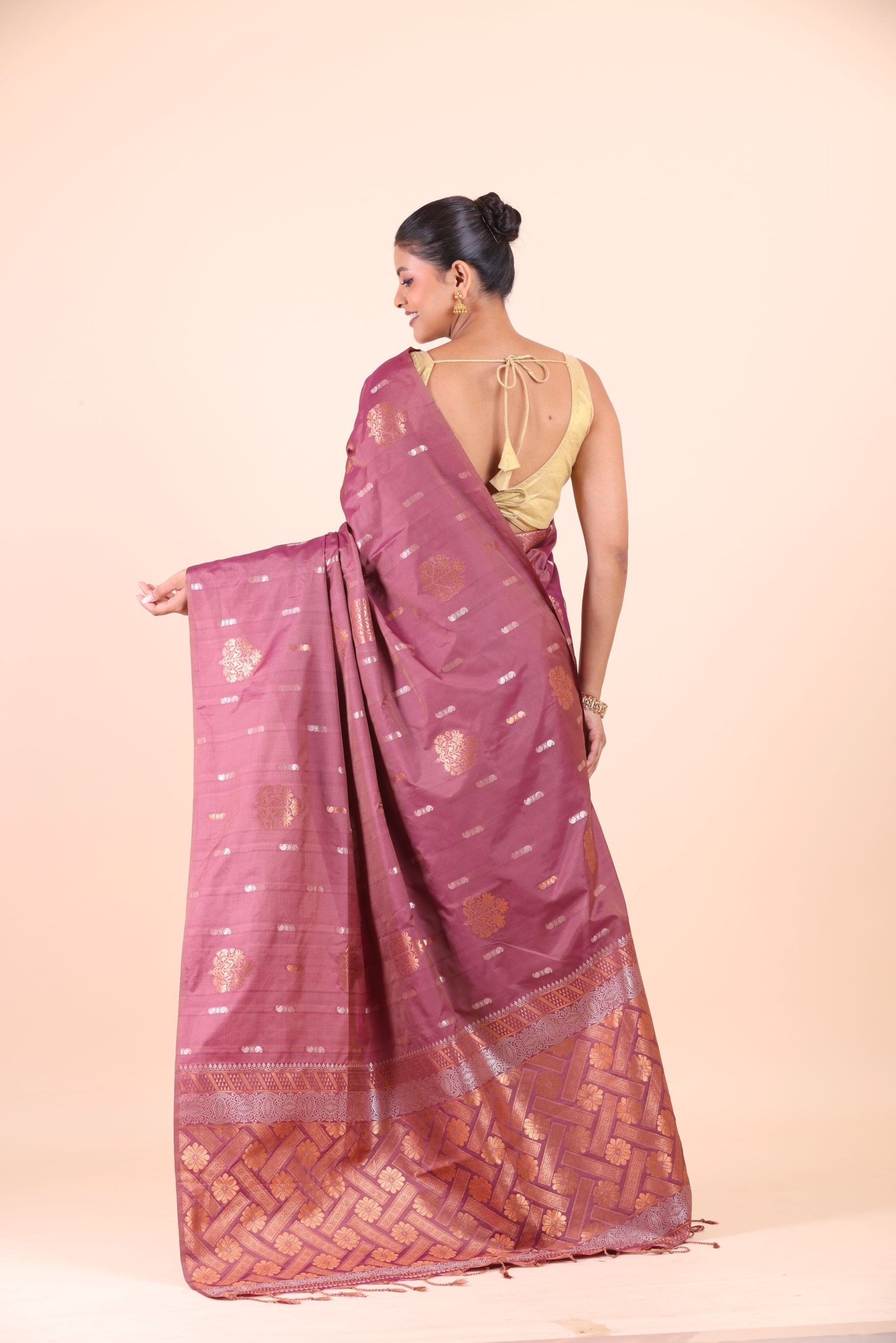 Purple and Copper South Indian Silk Saree Back View