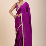 Purple and Gold Crepe Silk Saree with Gold Embroidered Lace full