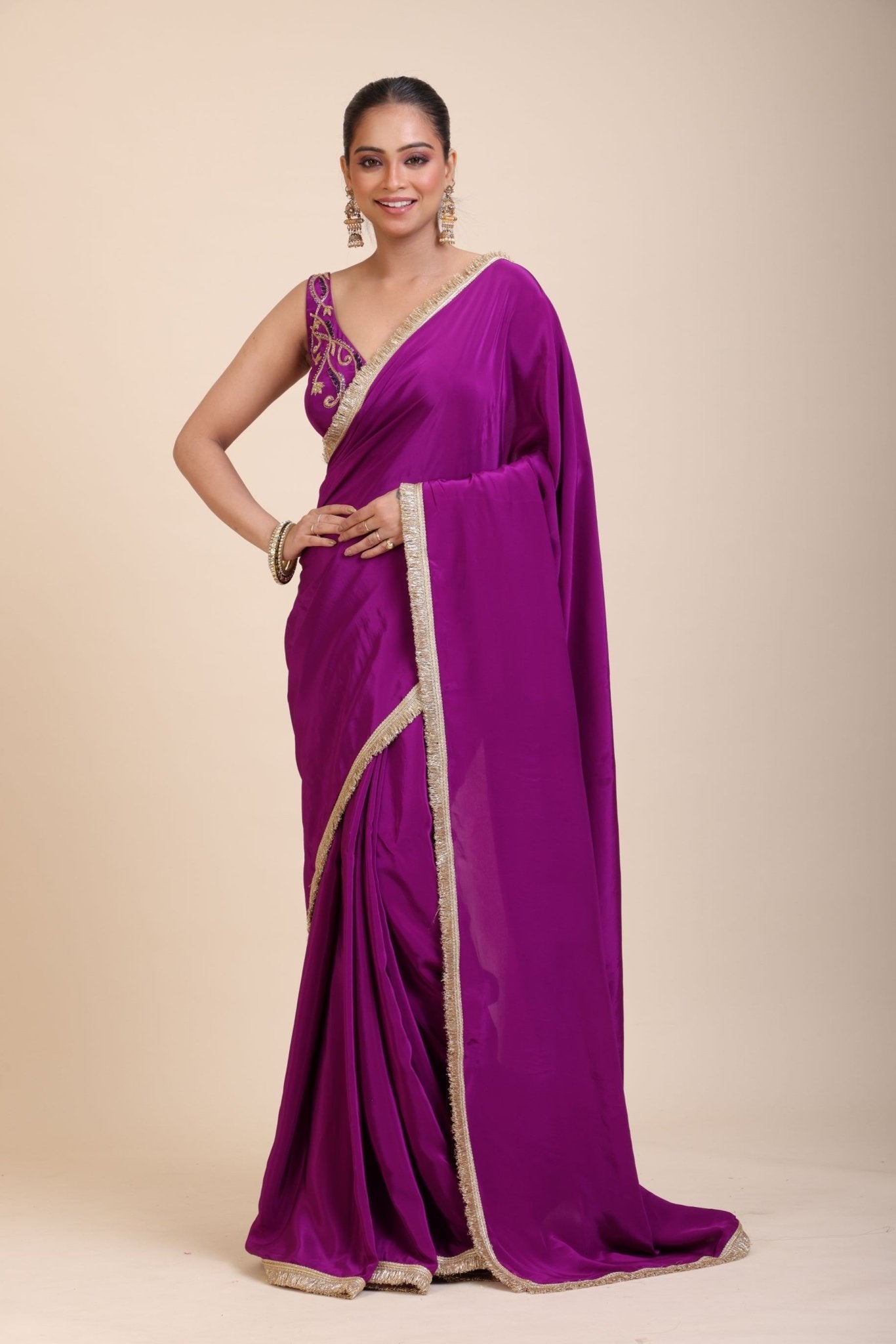 Purple and Gold Crepe Silk Saree with Gold Embroidered Lace - Anvi Couture
