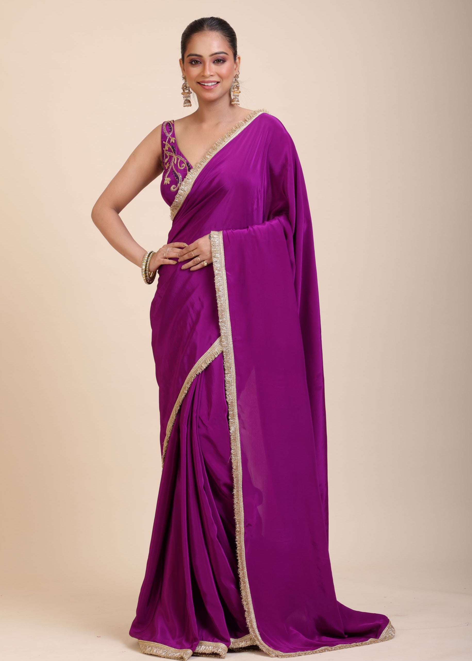 Purple and Gold Crepe Silk Saree with Gold Embroidered Lace full