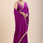 Purple and Gold Crepe Silk Saree with Gold Embroidered Lace front