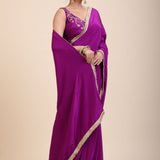 Purple and Gold Crepe Silk Saree with Gold Embroidered Lace front