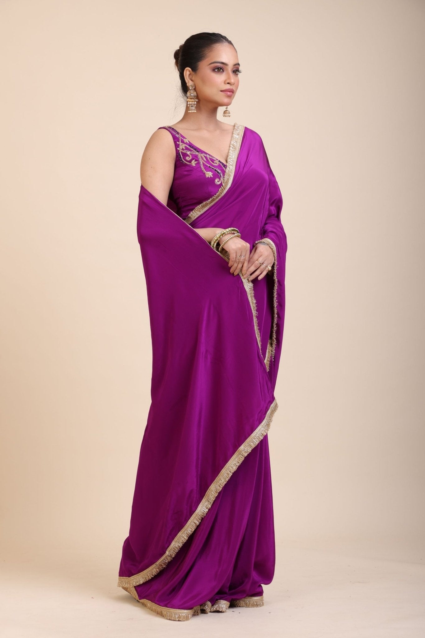 Purple and Gold Crepe Silk Saree with Gold Embroidered Lace - Anvi Couture